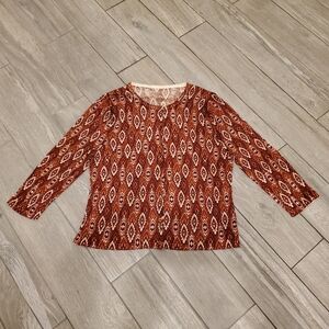 Garnet Hill 100% merino wool brown auburn brick ikat crewneck cardigan sweater